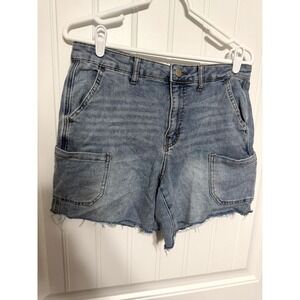 Copper Flash Denim Shorts Womens 10 Blue Raw Hem Patch Pocket High Rise Distress